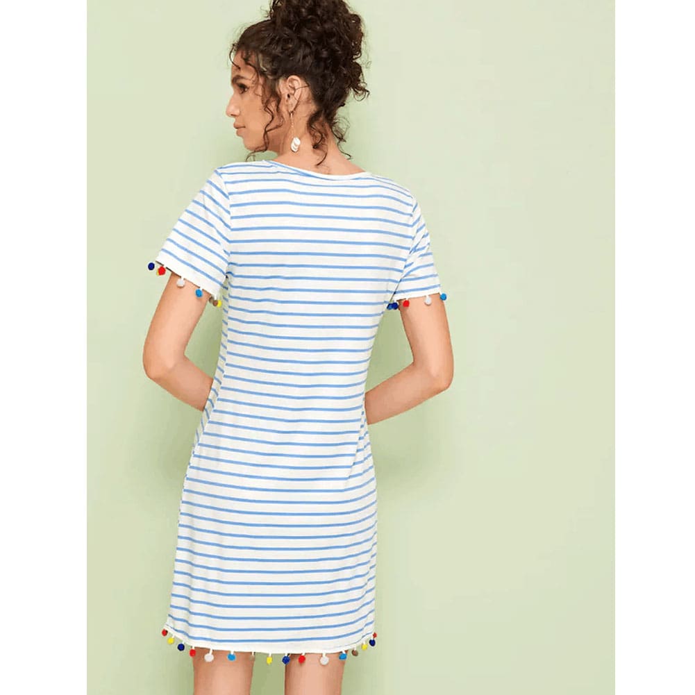 New Women Short Sleeve Mini T-shirt Dress Summer Ladies Casual Round Neck Striped Tassel Loose Beach Sundress