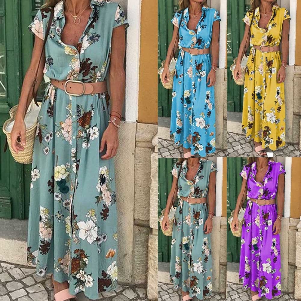 Women Floral Boho Long Dress Short Sleeve High Waist Elegant Ladies Holiday Summer Beach Casual Sundress