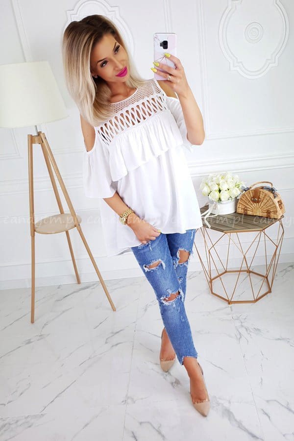 Summer Ladies Mesh Openwork Short Sleeve Tops Shirt Women Casual Loose Ruffled Off-Shoulder Blouse Shirt