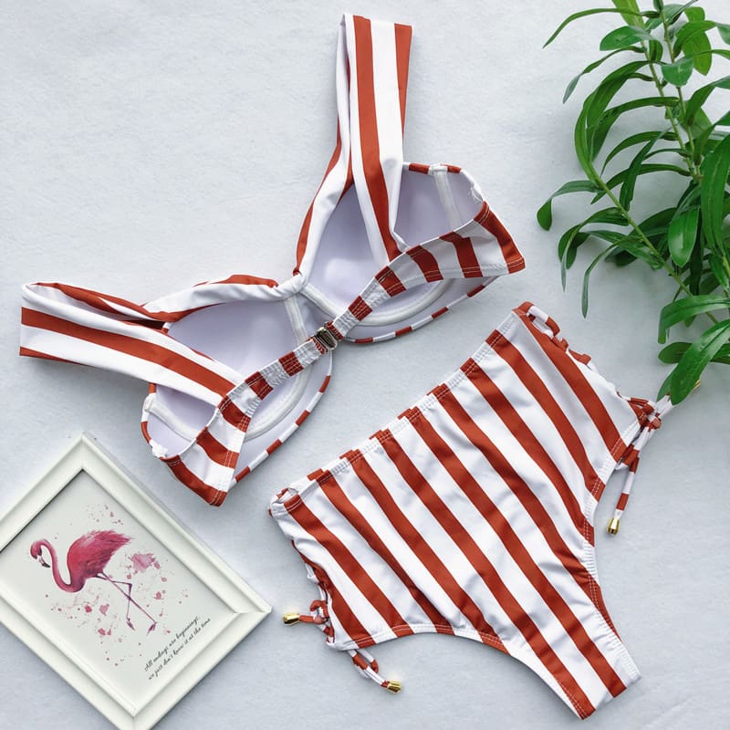 Two Pieces Women V Neck Sexy Striped High Waist Striped Swimwear Brazilian Bikini Set