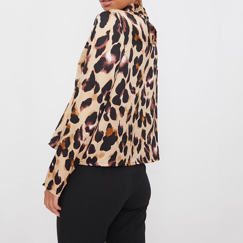 Women Leopard Long Sleeve Halterneck Shirt Casual Loose Tunic Top Button Down Tee Office Ladies Work Shirt