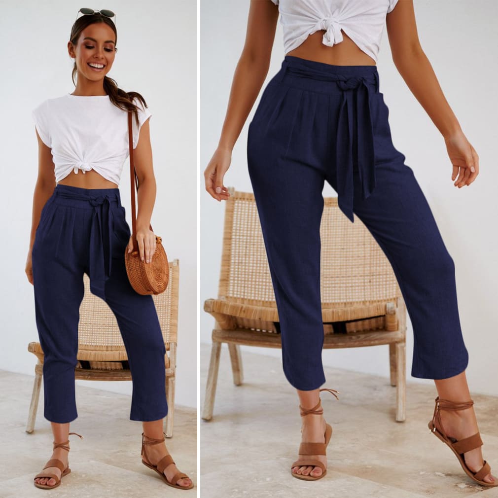 Ladies Women Plain Trouser Casual Summer Holiday Pants 2019 New Fashion Women Tie Up High Waist Slim Bottoms