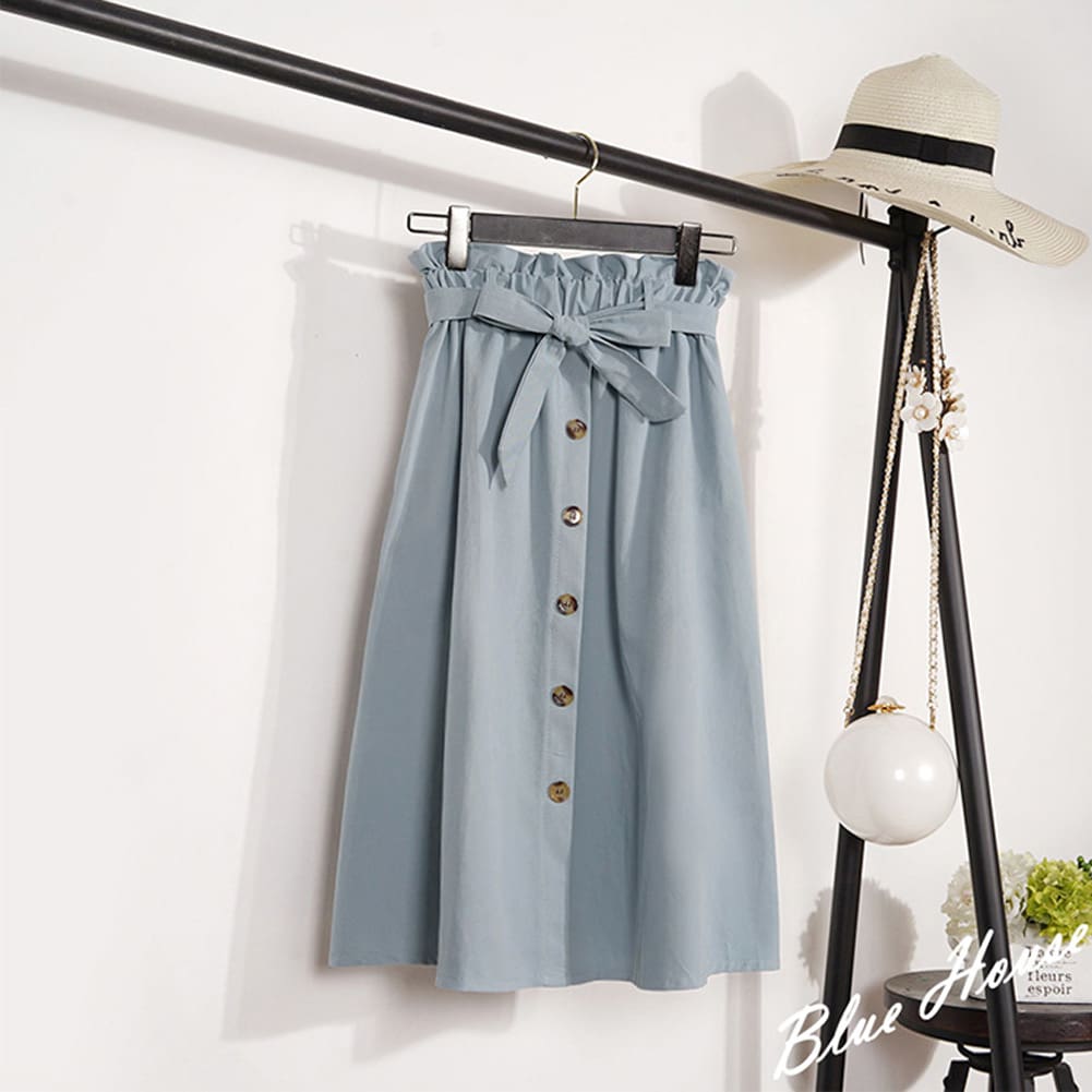 Fashion A-Line Skirt Women Casual Elastic High Waist Loose Summer OL Ladies Pocket Button Midi Long Skirt