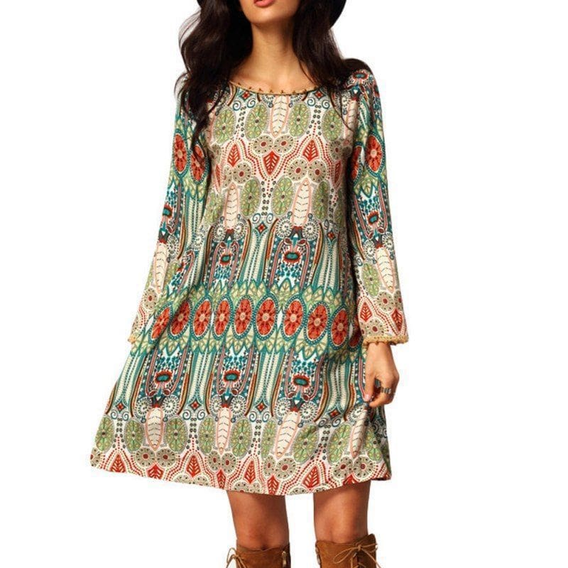 Fashion Women Floral Boho Chiffon Sundress Ladies Casual Long Sleeve Summer Beach Holiday Loose Short Mini Dress