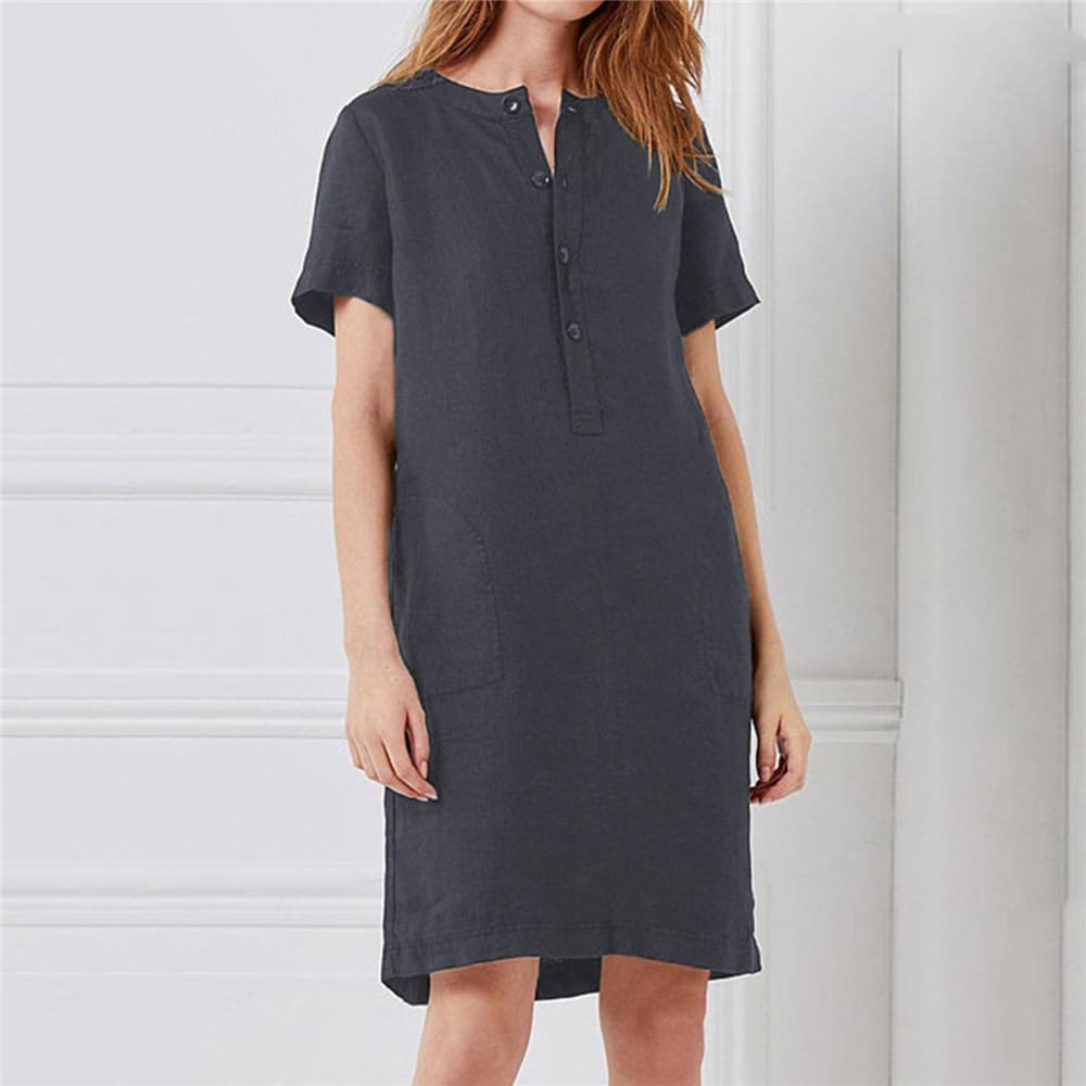 Plus Size Fashion Women Summer Solid O Neck Short Sleeve Cotton Linen Casual Pocket Loose T Shirt Top Women Maxi Dress Sundress