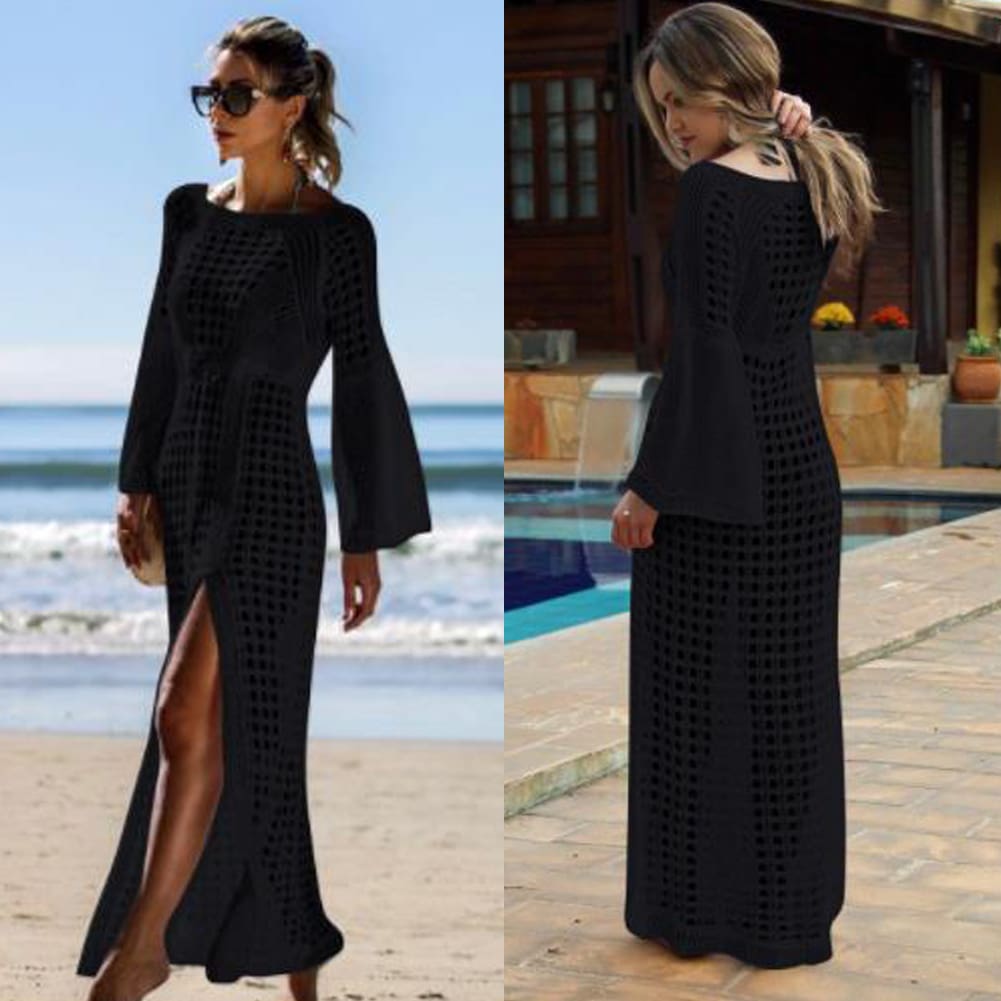 Women Hollow Knitted Beach Long Sleeve Dress Ladies Swimwear Bathing Suit