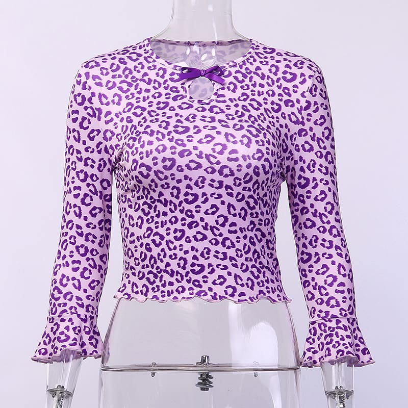 Fashion Women Trendy Leopard Crop Tops New Summer Ladies Casual Slim Shirt Long Sleeve Top Blouses Summer Holiday Tops