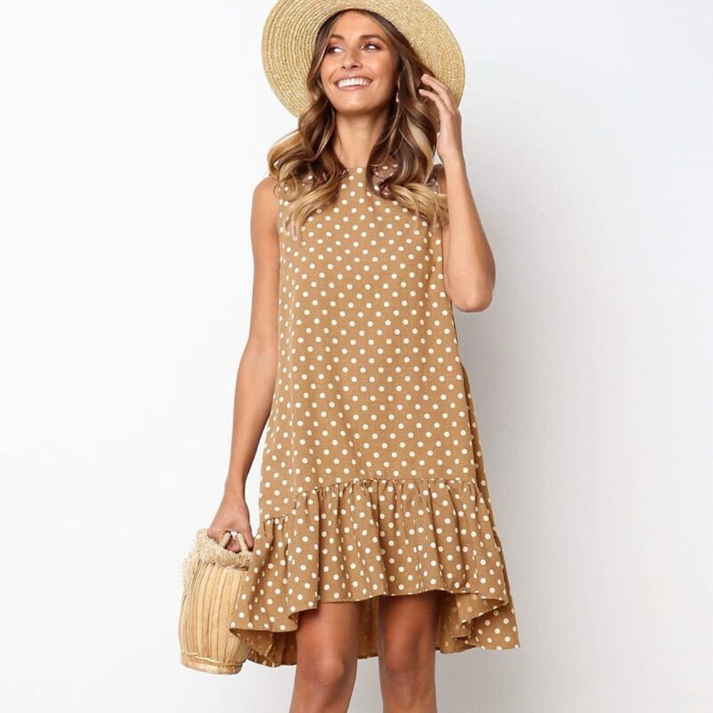 Polka Dot Boho Mini Dress Ladies Summer Beach Holiday Casual Loose Sundress