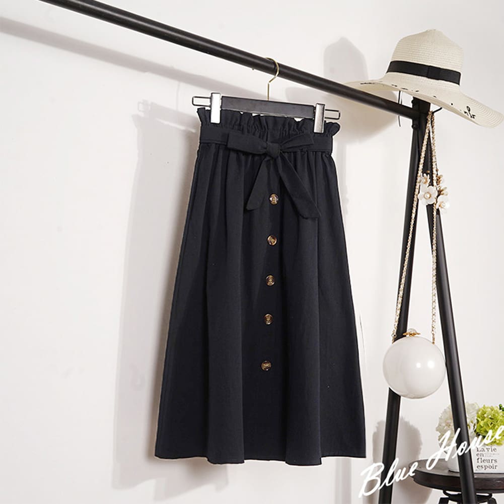 Fashion A-Line Skirt Women Casual Elastic High Waist Loose Summer OL Ladies Pocket Button Midi Long Skirt