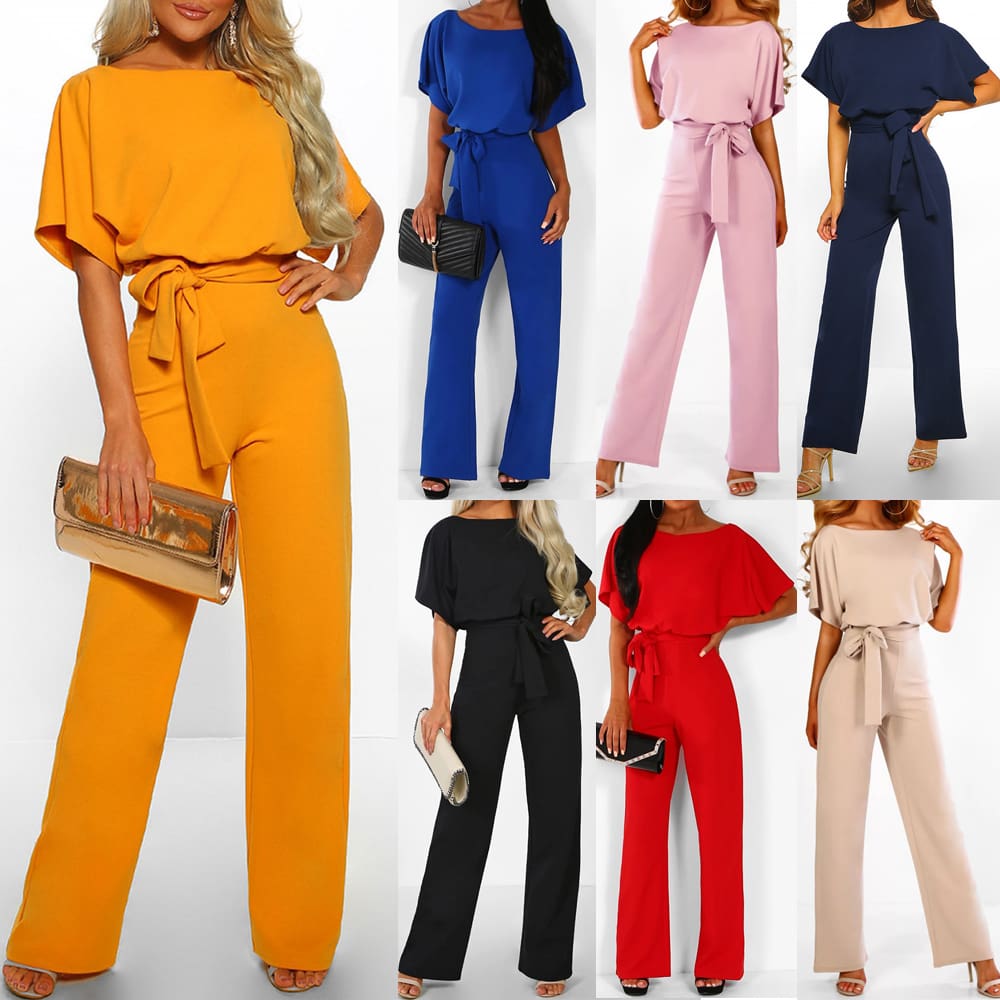 Women Jumpsuit Fashion Bodysuit Crew Neck Short Sleeve Summer Cool Romper Ladies Casual Long Strappy Playsuits