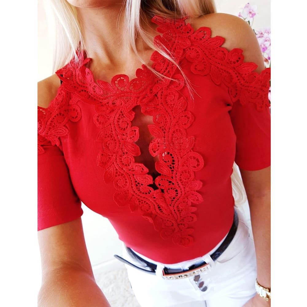 Women Cold Shoulder Shirt Tops New Fashion Ladies Short Sleeve Lace Hollow Out Summer Solid Casual Shirts Blouse