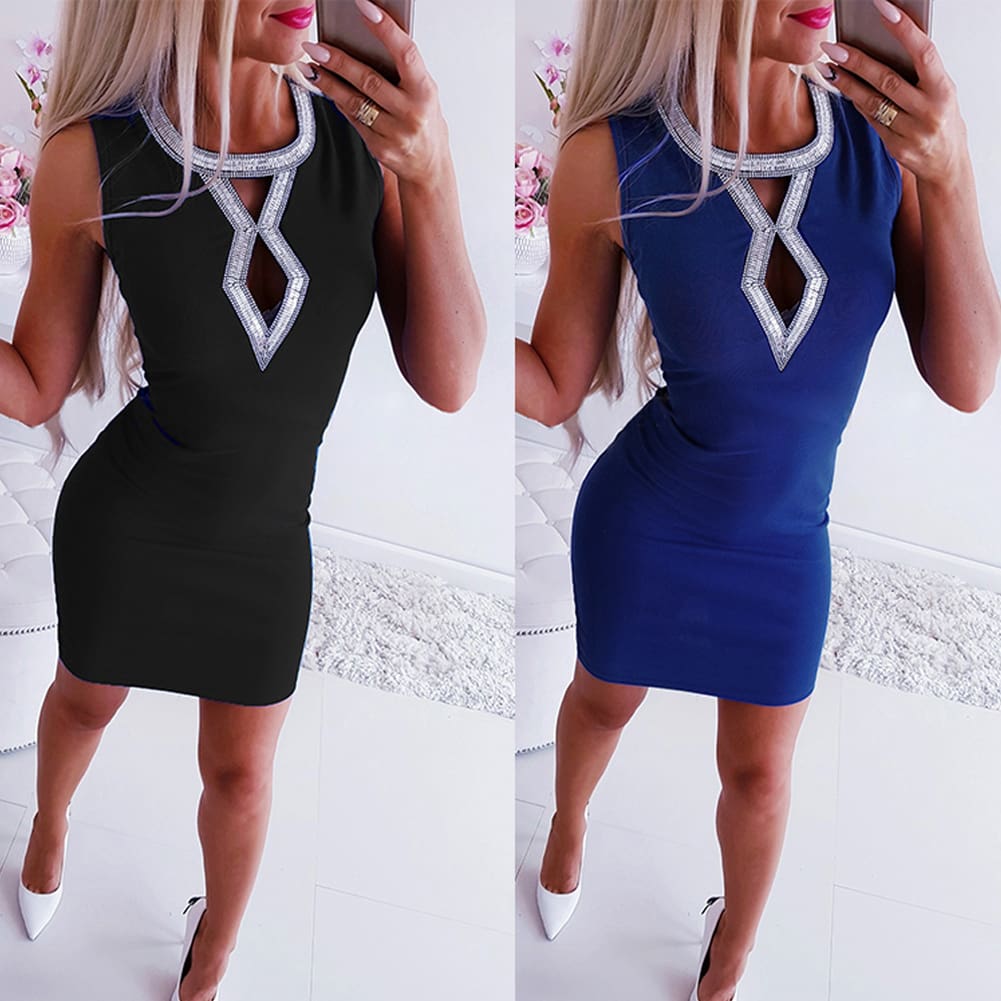 Women Drilling Hollow Sleeveless Bodycon Dress Ladies Summer Party Evening Beach Short Mini Dress Sundress