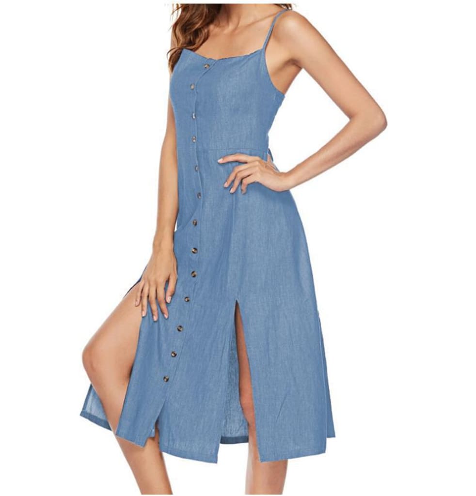 New Womens Long Maxi Slim Dress Fashion Ladies Summer Denim Sleeveless Solid Casual Loose Beach Sundress