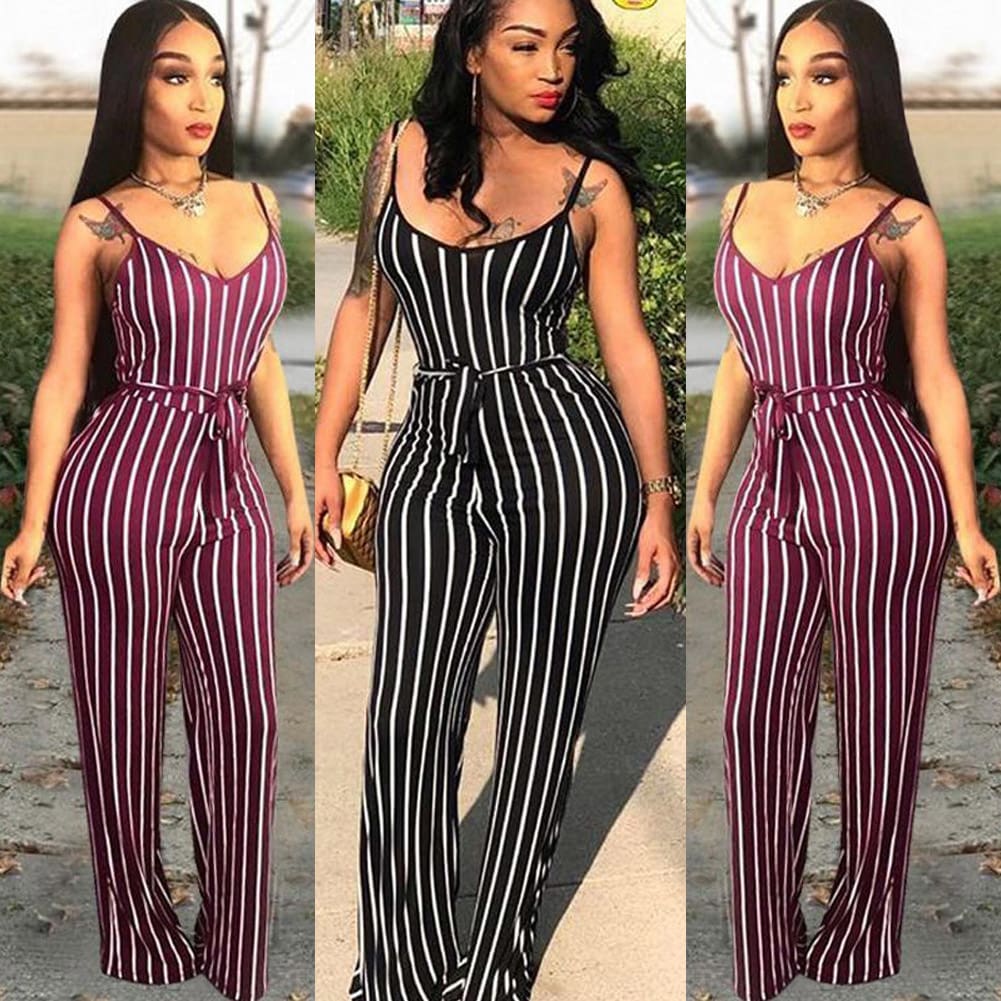 Hot Women Ladies Clubwear V-Neck Striped Playsuit Sexy Bodycon Party Jumpsuit Romper Summer Beach Casual Long Trousers