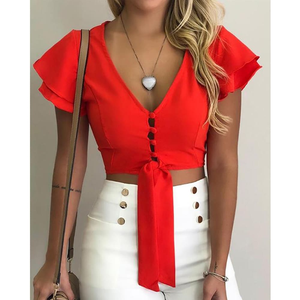 New Fashion Women Short Sleeve Summer Simple Front Tie Up Crop Top V-Neck Casual Sexy Loose Tops T-Shirt Outwear Streetwear