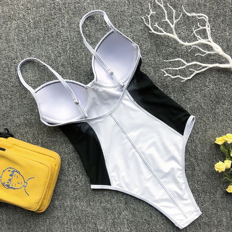 Mesh Patchwork One Piece Swimwear New Push Up Swimsuit Padded Bathing Suit Women High Waist Beachwear Summer