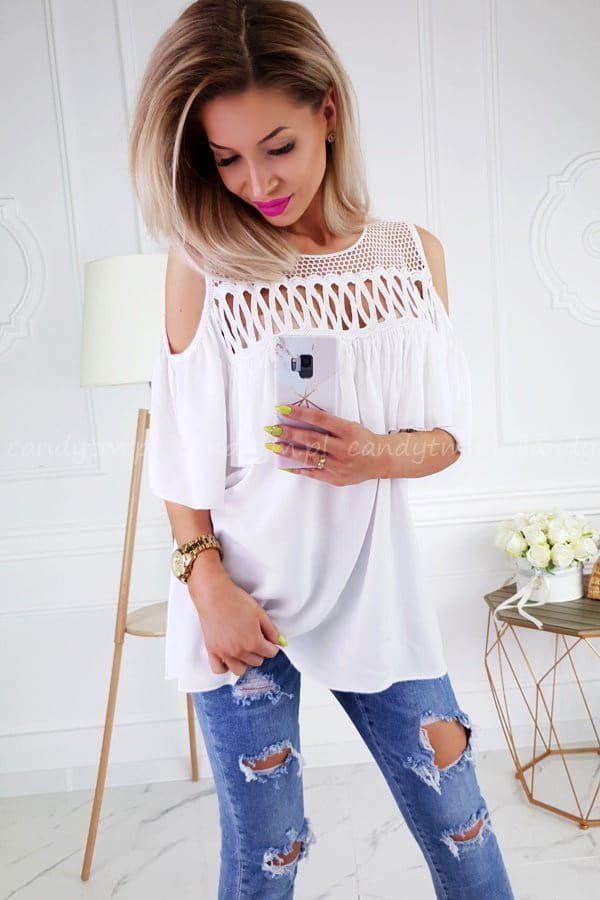 Summer Ladies Mesh Openwork Short Sleeve Tops Shirt Women Casual Loose Ruffled Off-Shoulder Blouse Shirt