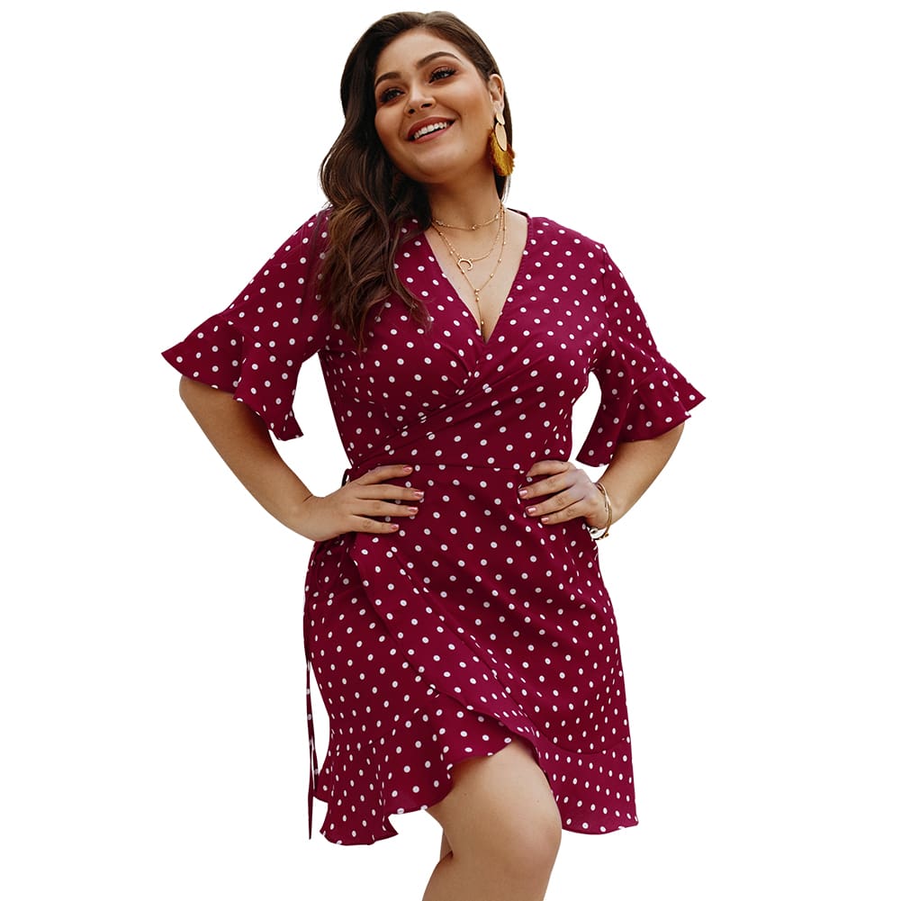 Plus Size Women Summer High Waist Polka Dot Boho Beach Dress New Fashion Ladies Beach Dress Casual Short Sleeve V-Neck Sundress