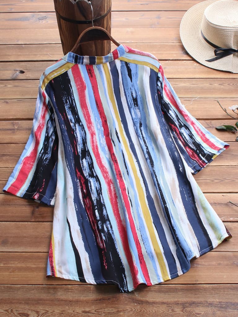 New Women Summer Striped V Neck Blouses Ladies Casual Loose Baggy Tops Tunic Shirts Plus Size Women Clothes