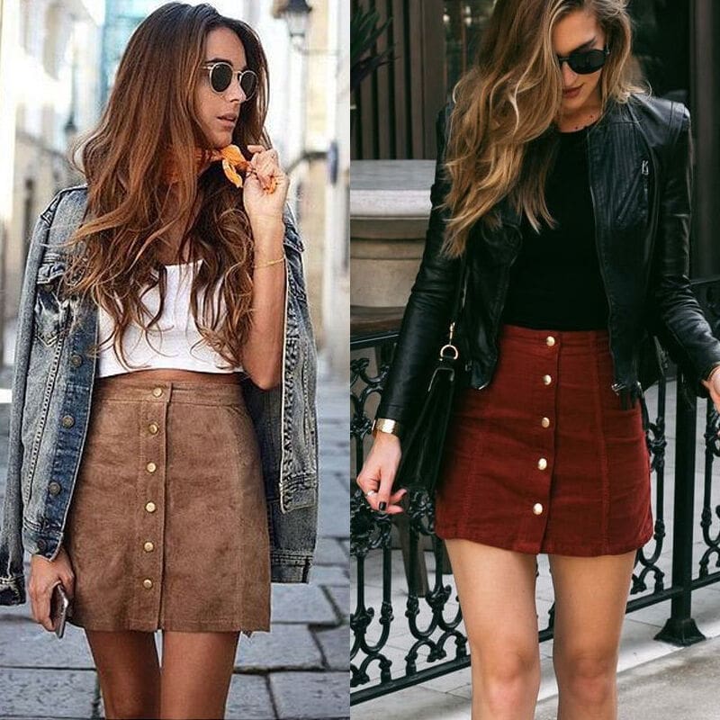 Hot Fashion Elegant Women Ladies Summer Skirts High Waist Single Breasted Button Solid Slim A-Line Suede Leather Mini Skirts