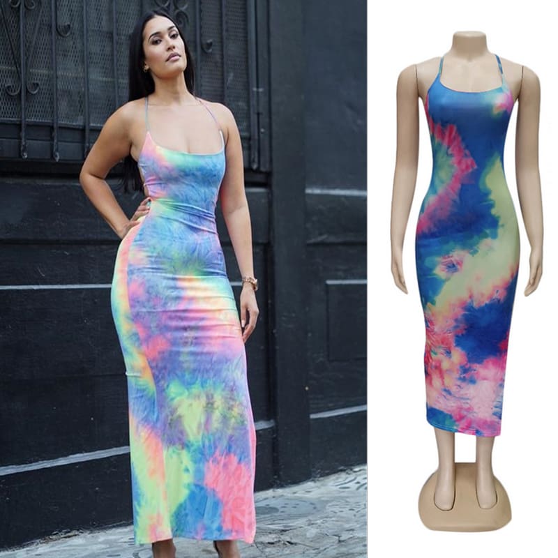 New Women Backless Holiday Beach Strappy Bodycon Dress Summer Tie Dyeing Party Slim Dresses Clubwear