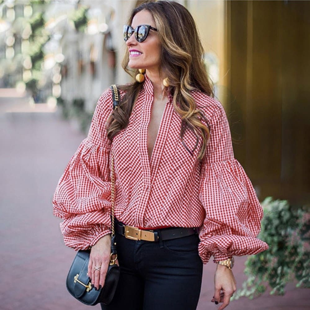 Women Fashion Long Puff Sleeve Blouse Formal Pullover Jumper Crop Tops Casual Loose Stripes Shirt Women Clothing