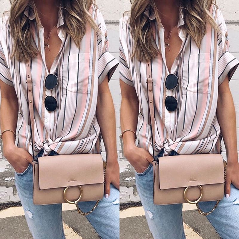 Summer Women Short Sleeve Loose Shirts Fashion Ladies Casual Striped V-Neck Baggy Blouse Tops Tunic Shirt