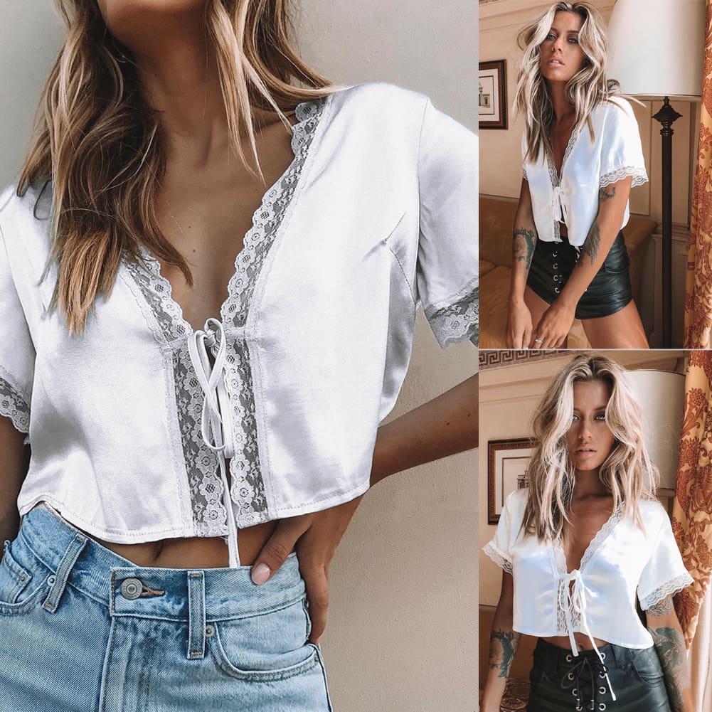 New Fashion Womens Lace Silk Satin Short Sleeve White Casual Crop Top Shirts Summer Sexy Ladies Blouses Tee Tops