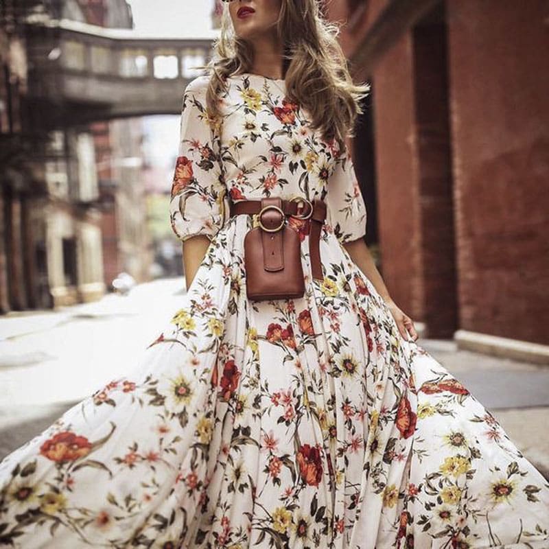 Womens Boho Maxi Dress Floral Summer Beach Party Long Sundress Fashion Ladies Casual Daily Half Sleeve Dress Clothes