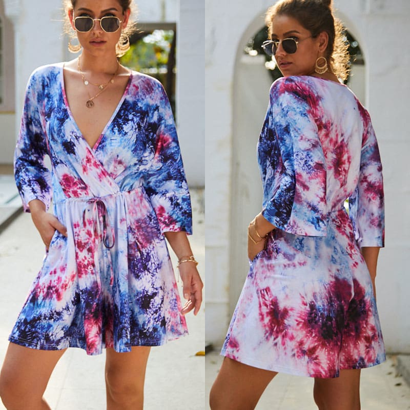 Women Holiday Mini Playsuit Ladies Fashion Half Sleeve V-Neck Summer Shorts Jumpsuit Beach Casual Loose Boho Floral Rompers