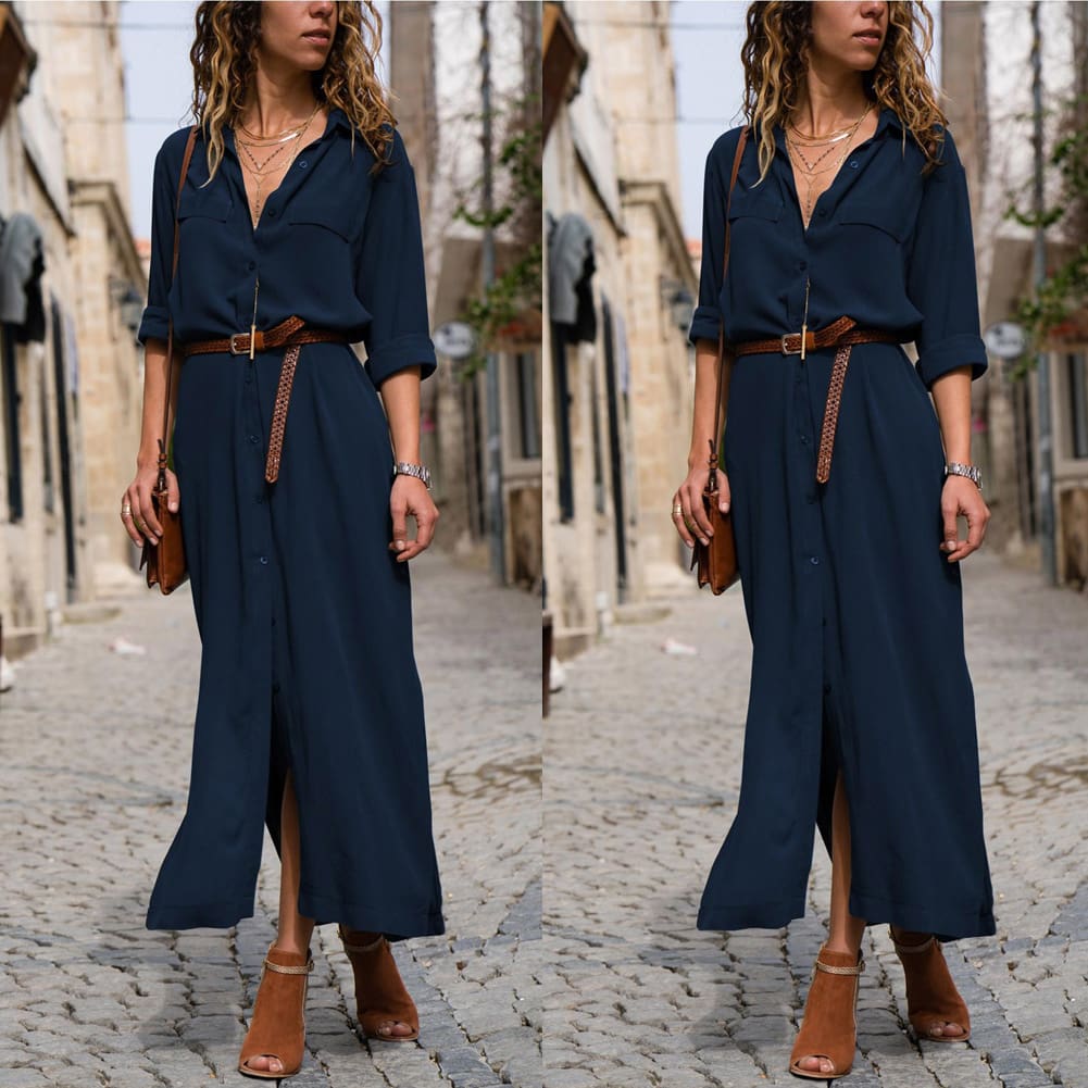 Elegant Women Sexy V Collar Long Maxi Dress OL Ladies Casual Long Sleeve Solid Holiday Summer Beach Sundress