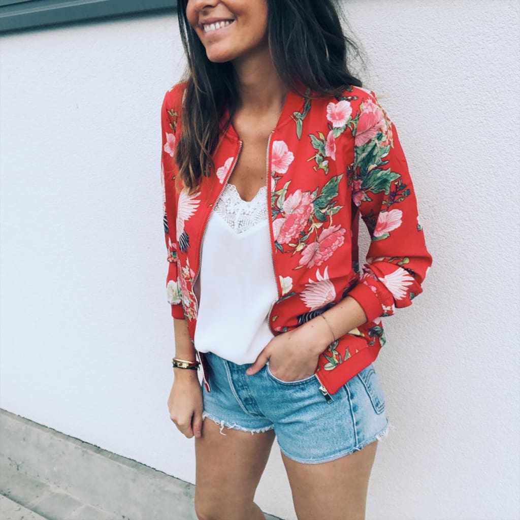 Women Jacket Lady Bomber Floral Print Street Outwears Polyester