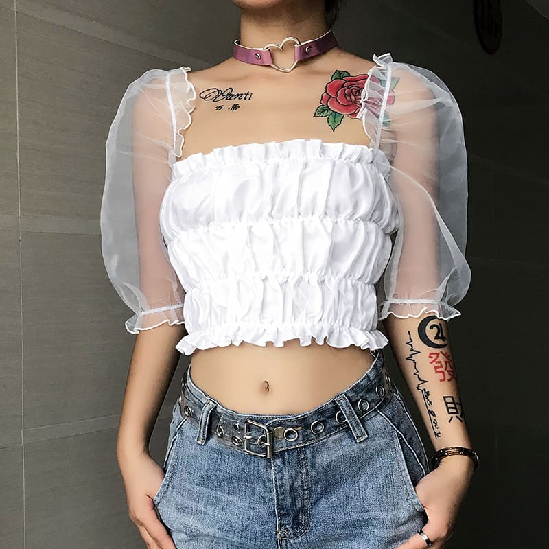 New Women Ruffle Puff Sleeve Shirt Fashion Ladies Summer Casual Blouse Crop Cami Tops Shirt Beach Holiday Clothes