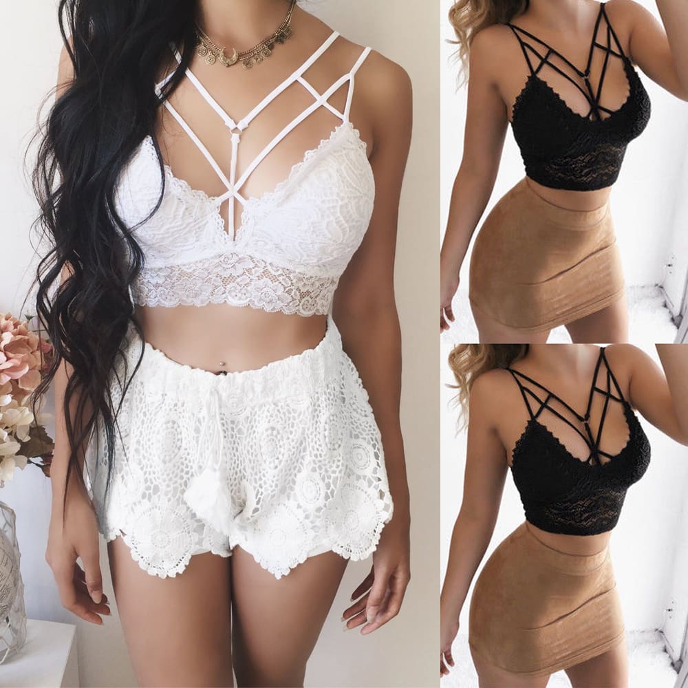 Women Sexy Casual Tank Top Vest Blouse Sleeveless Summer Bandage Lace Strap Bralette Halter Bustier Crop Top Shirt Cami Top