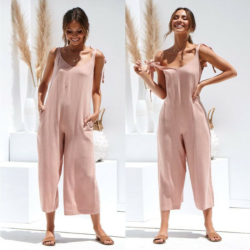 Rompers Summer Women Casual Loose Linen Cotton Jumpsuit New Sleeveless Backless Pocket Playsuit Trousers Overalls