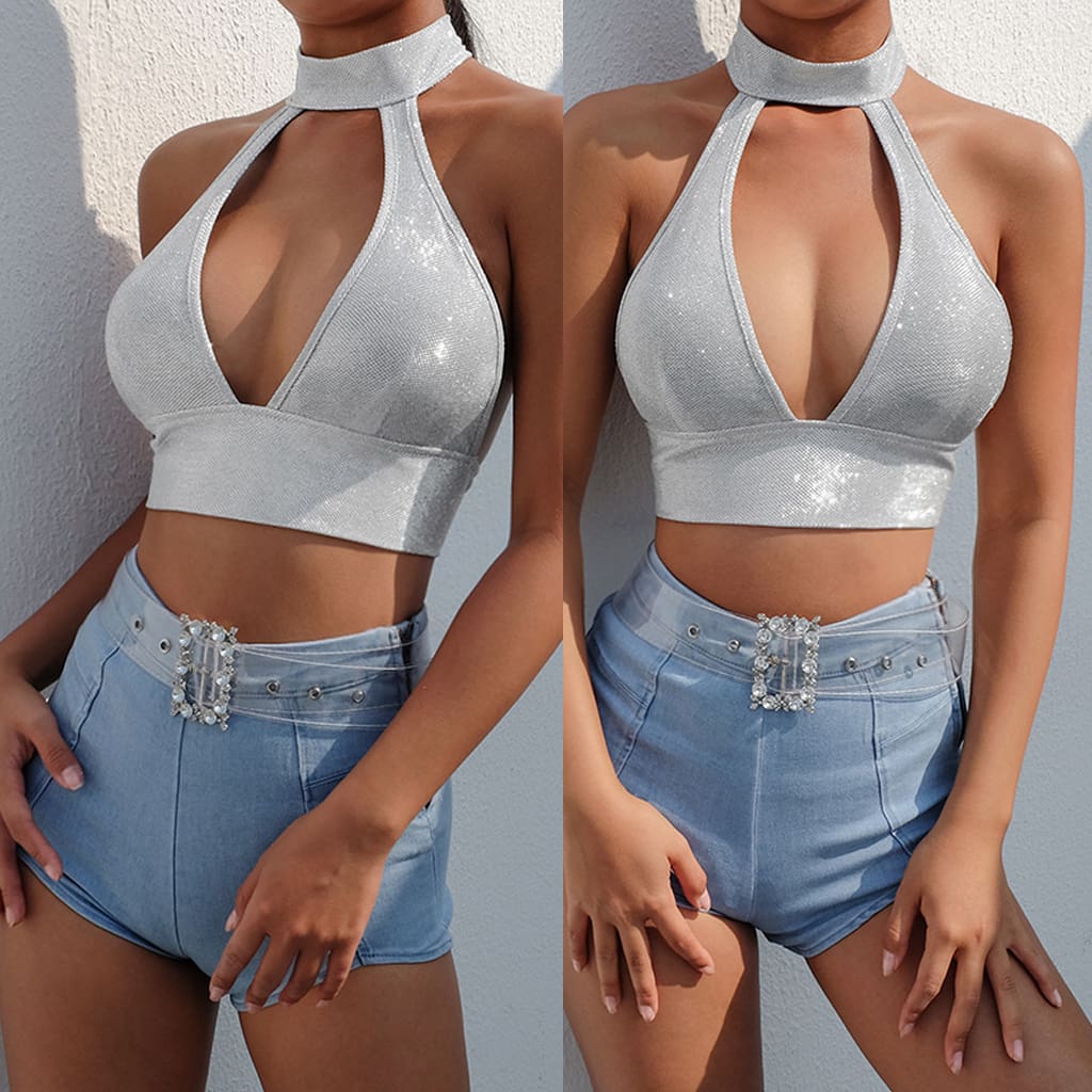 Women Ladies Sequin Sparkly Halter Neck Sexy Bra Camisole Crop Top Summer Beach Lace Up Backless Solid Casual Vest