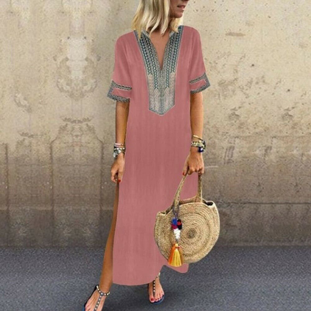 Womens Bohemian Floral Print Split Cotton Linen Maxi Dress Deep V Neck Long Sleeve Summer Casual Party Dresses Plus Size