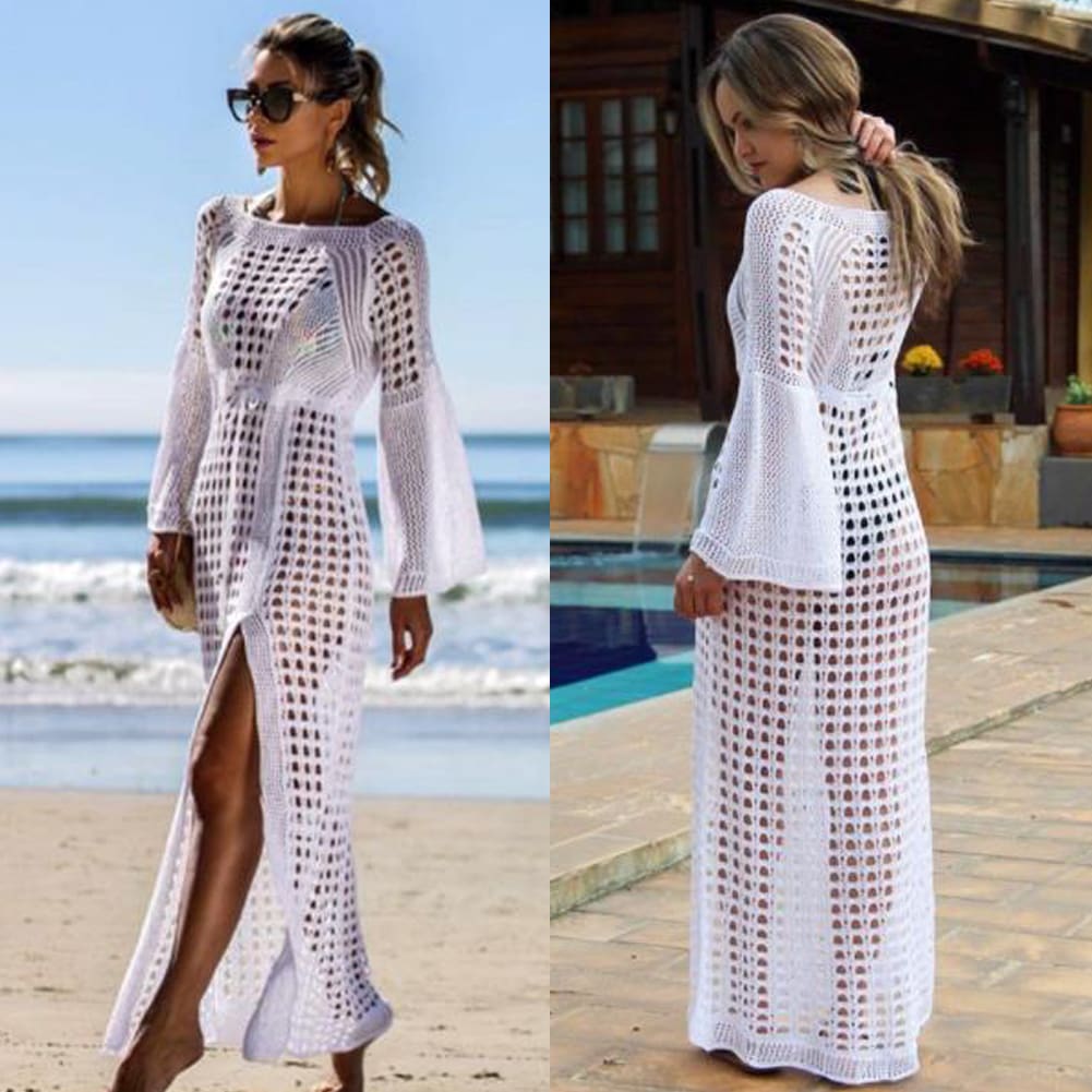 Women Hollow Knitted Beach Long Sleeve Dress Ladies Swimwear Bathing Suit