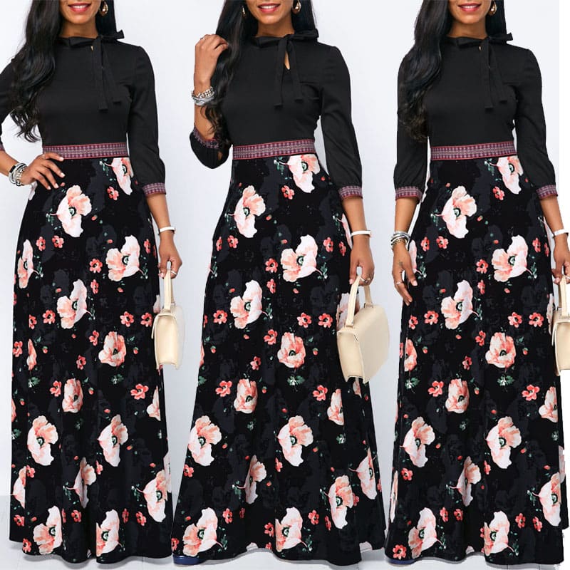 Women Long Maxi Dresses Boho Floral Hollow Neck Three Quarter Sleeve Ethnic Summer Beach Female Stylish Style Dress