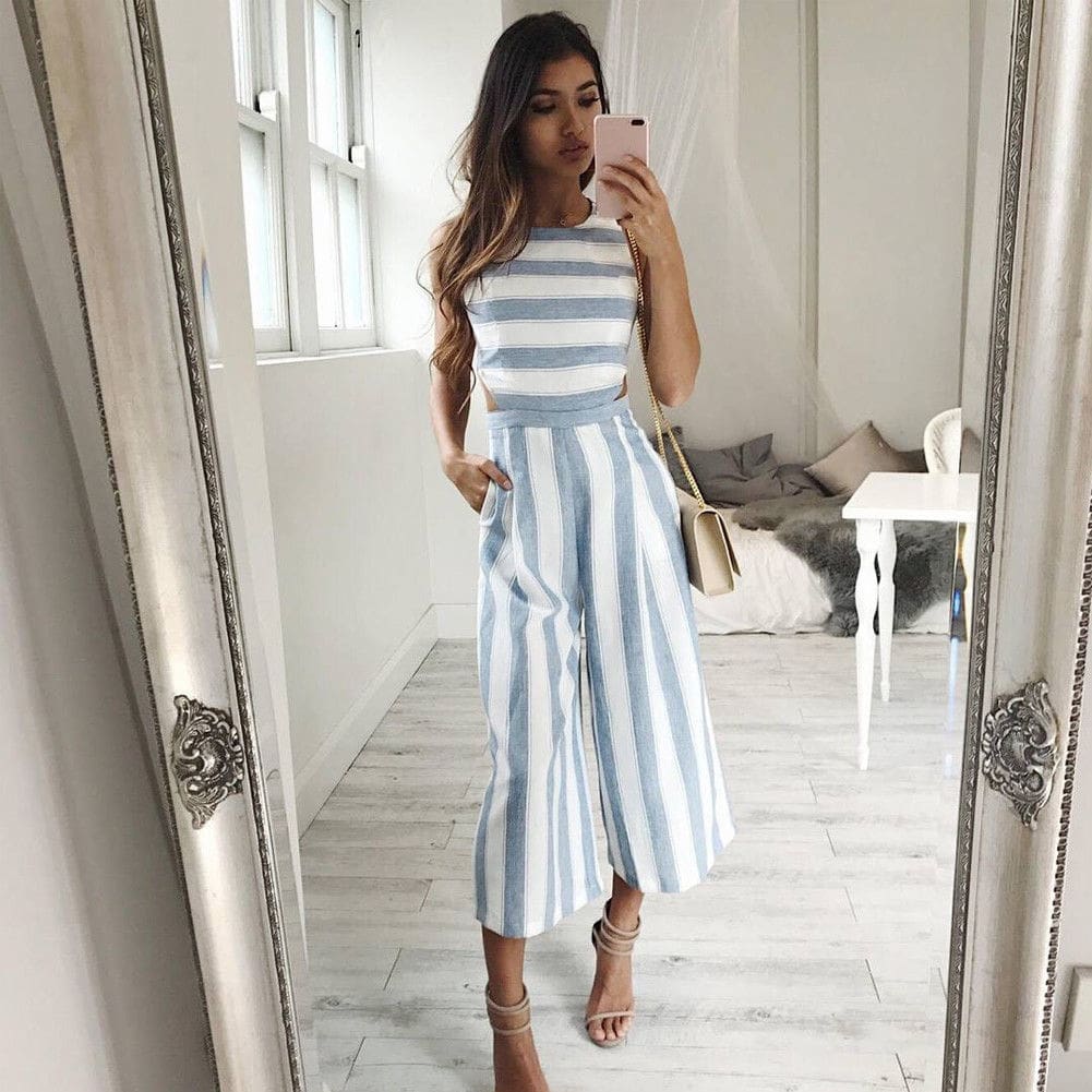 Hot Women Sleeveless Striped Wide Leg Jumpsuit Casual Clubwear Loose Wide Leg Pants Outfit Playsuit Overalls