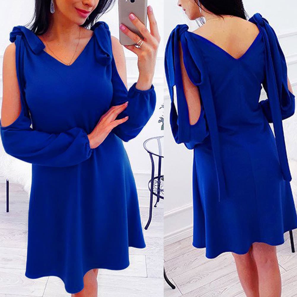 New Women Summer Dress Cold Shoulder V-Neck Long Sleeve Elegant Ladies Solid Casual Vintage Short Mini Dress