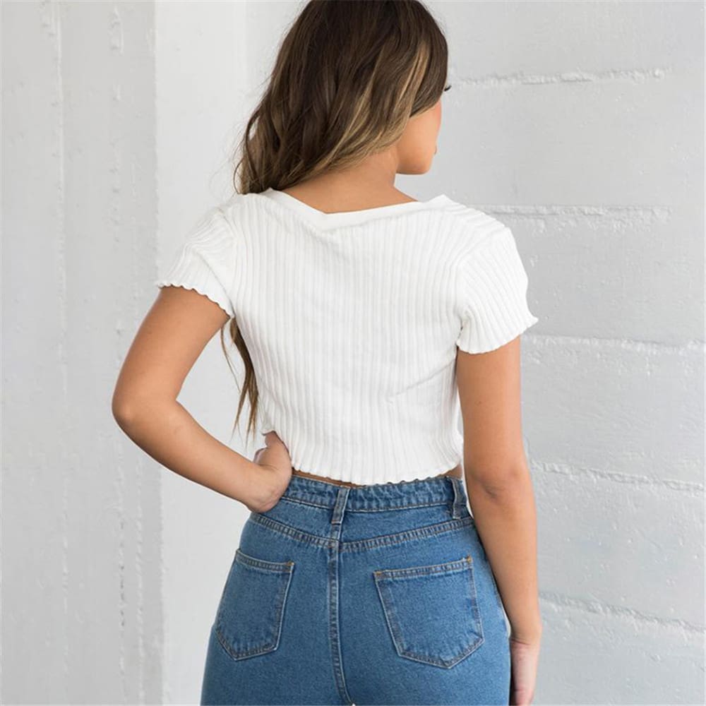 New Women Short Sleeve V-neck Button Tank Tops T-Shirt Ladies Summer Casual Vest Crop Tops Holiday Clothes