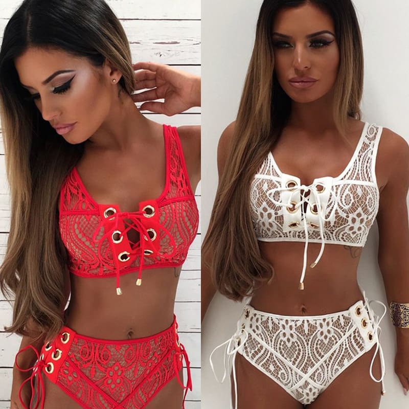 Solid Color Bikinis Women Lace Up Bandage Bra High Waist Bikini Set Female Sexy Swimsuit Triangle Swimwear Bathing Suit