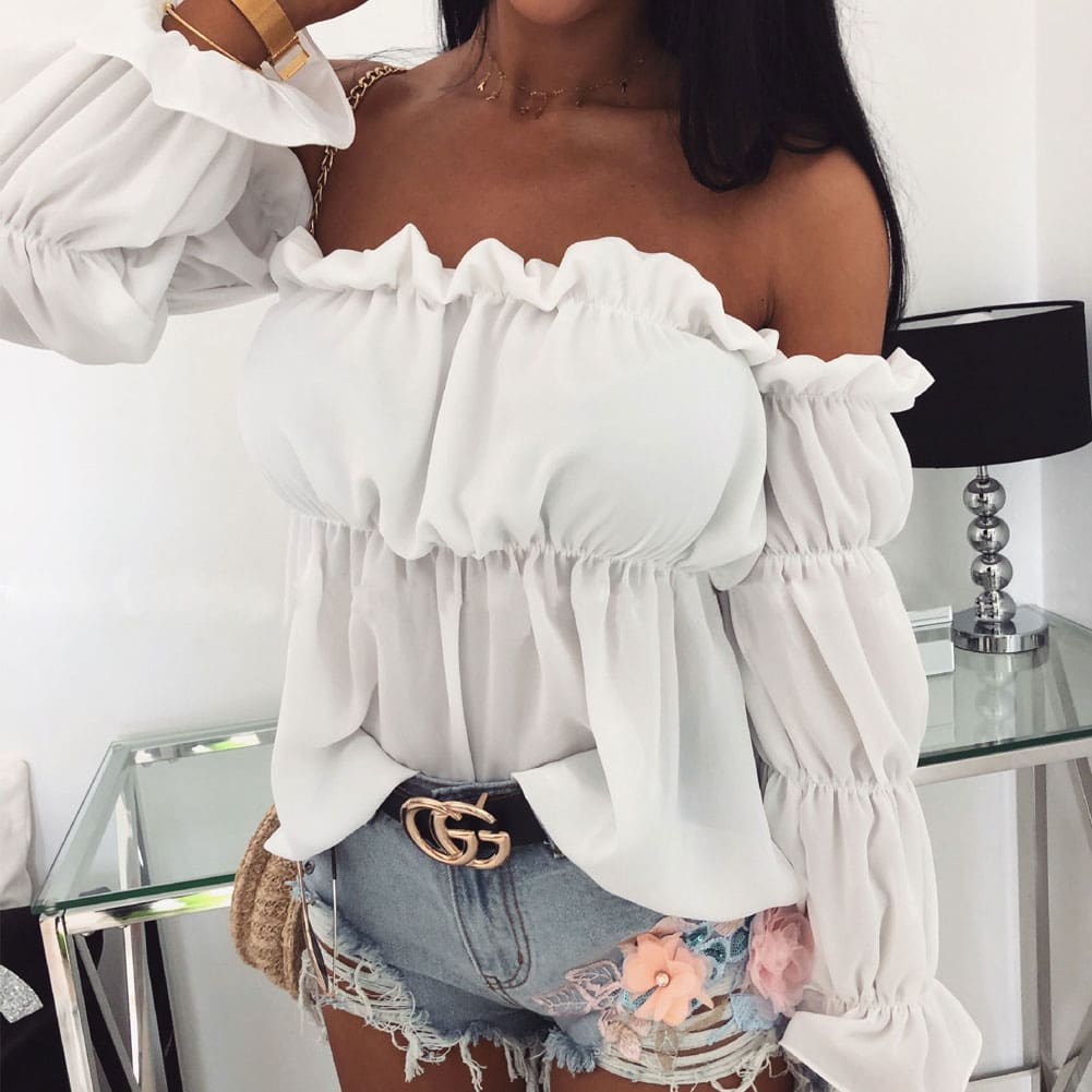 New Women Loose Off Shoulder Long Sleeve Casual Shirt Tops Fashion Ladies Summer T-shirt Clothing Beach Holiday Streetwear