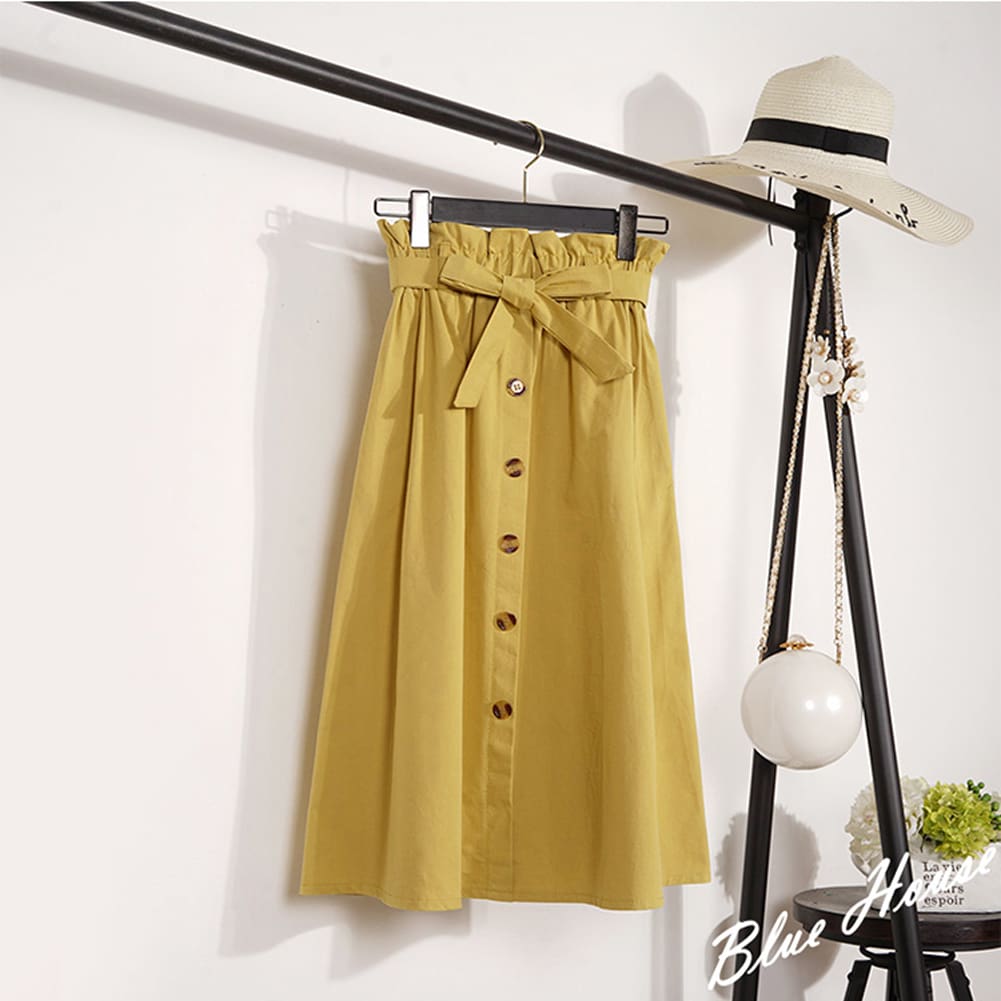 Fashion A-Line Skirt Women Casual Elastic High Waist Loose Summer OL Ladies Pocket Button Midi Long Skirt