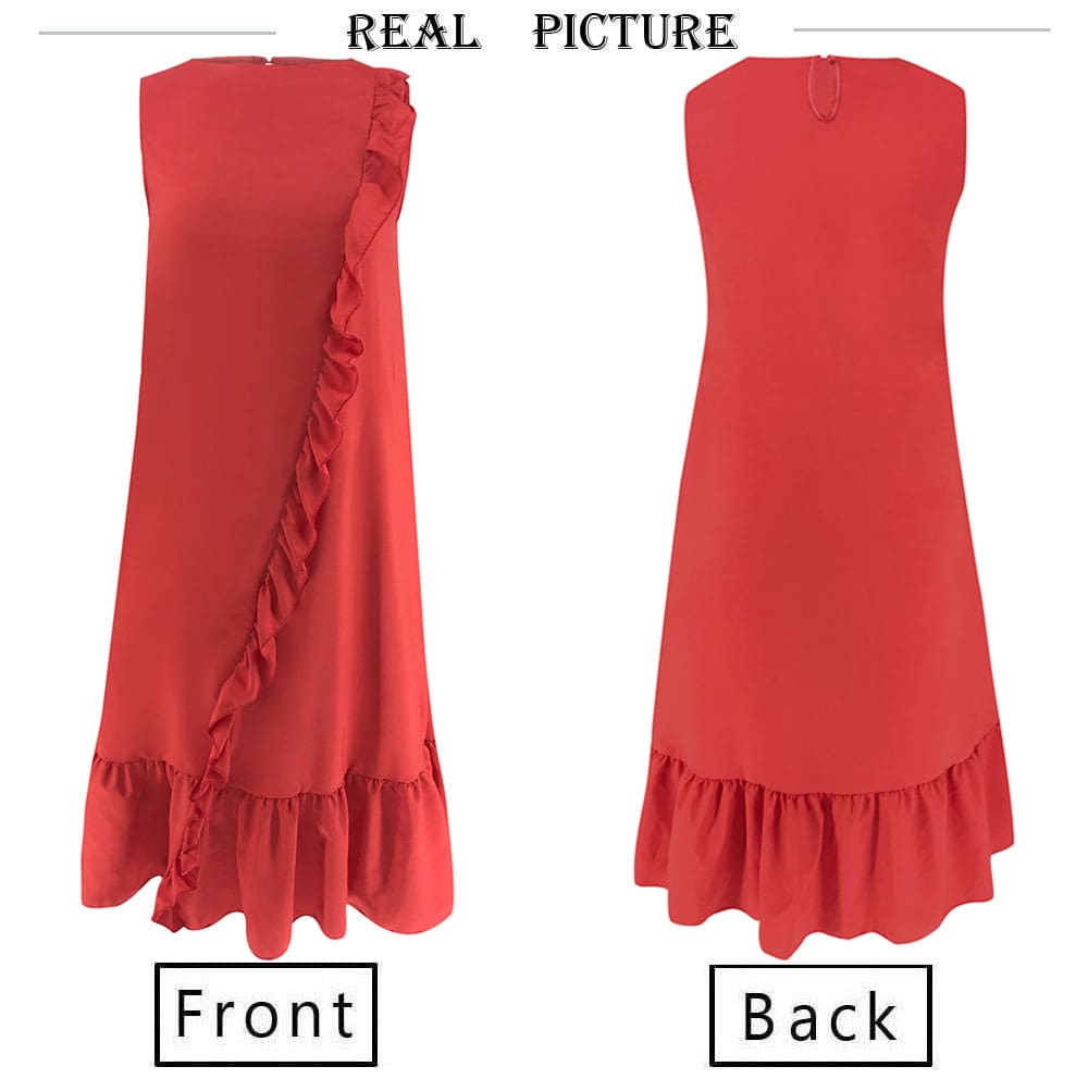 New Fashion Women Sleeveless Casual Red Dress Holiday Loose Ruffle Top Shirts Dress Casual Beach Summer Sundress