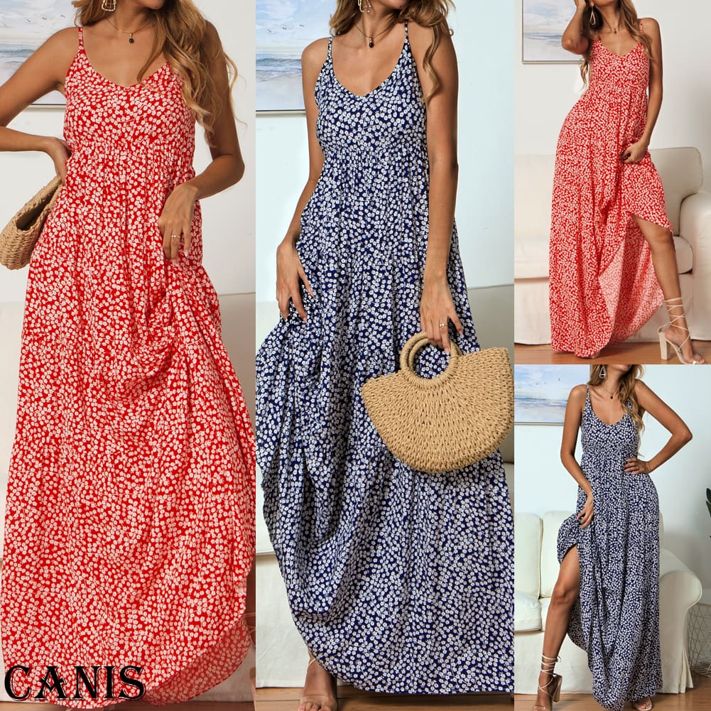 Summer Womens Bohemian Floral Sling V-neck Dress Fashion Ladies Sleeveless Holiday Maxi Dress Sundress