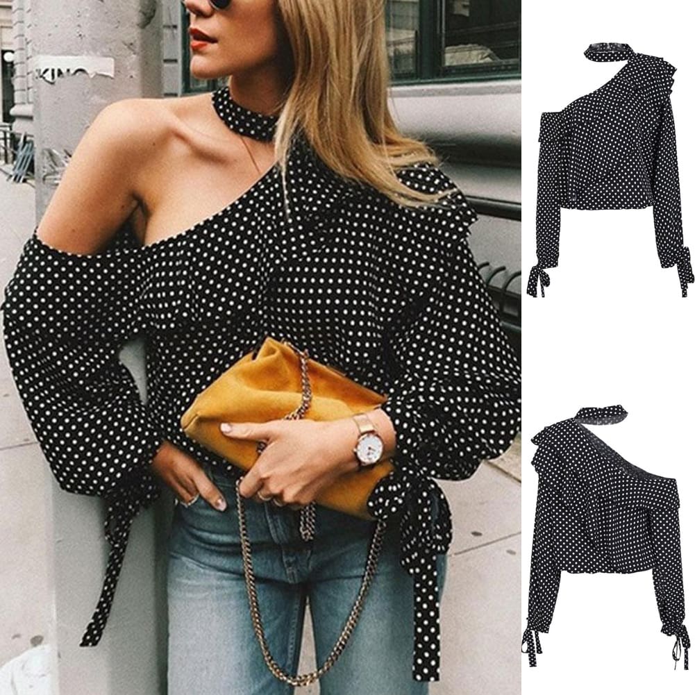 Fashion Women Polka Dot Casual Tops Sexy Ladies Halter Blouse One Shoulder Long Sleeve Loose Shirts Women Clothing