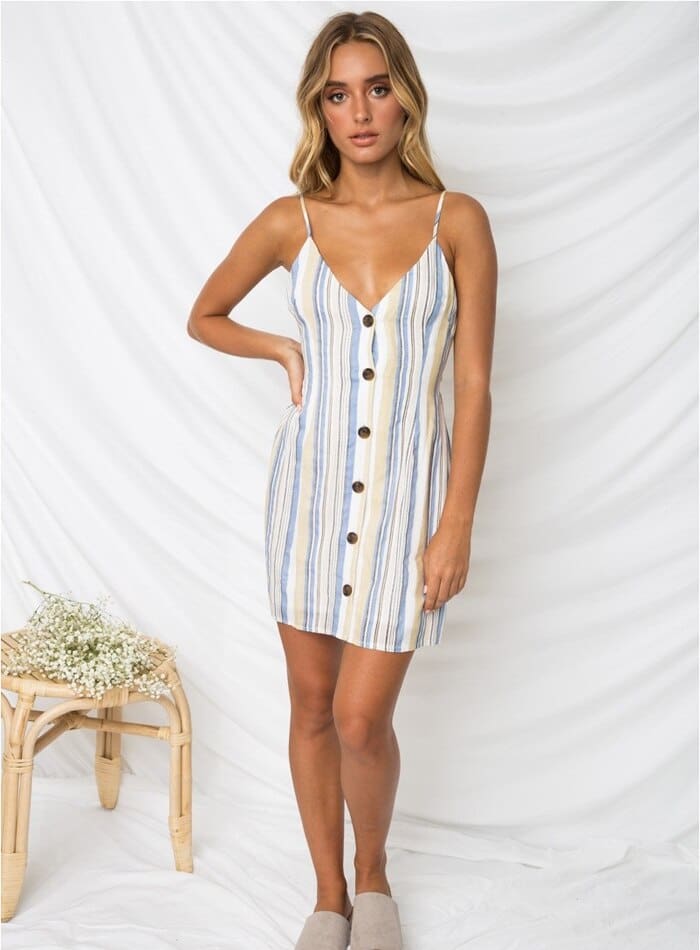 Women Casual Street Wear V-Neck Vintage Cotton Striped Print Dress