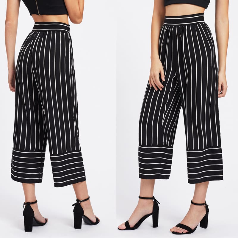 New Summer Women Casual High Waist Bandage Pants Fashion Ladies Striped Wide Leg Loose Long Pants Trousers